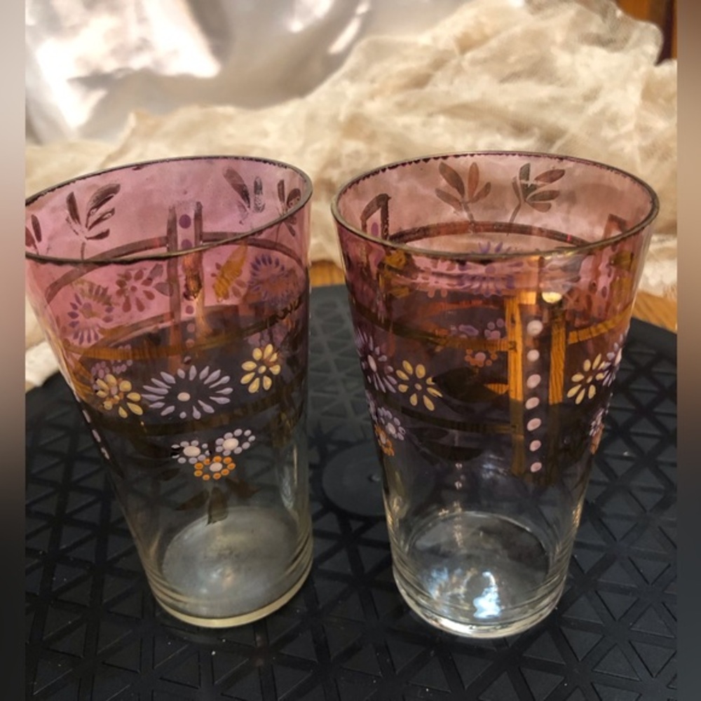 Set of 2 Vintage Juice Glasses Hand Painted Purple Ombré